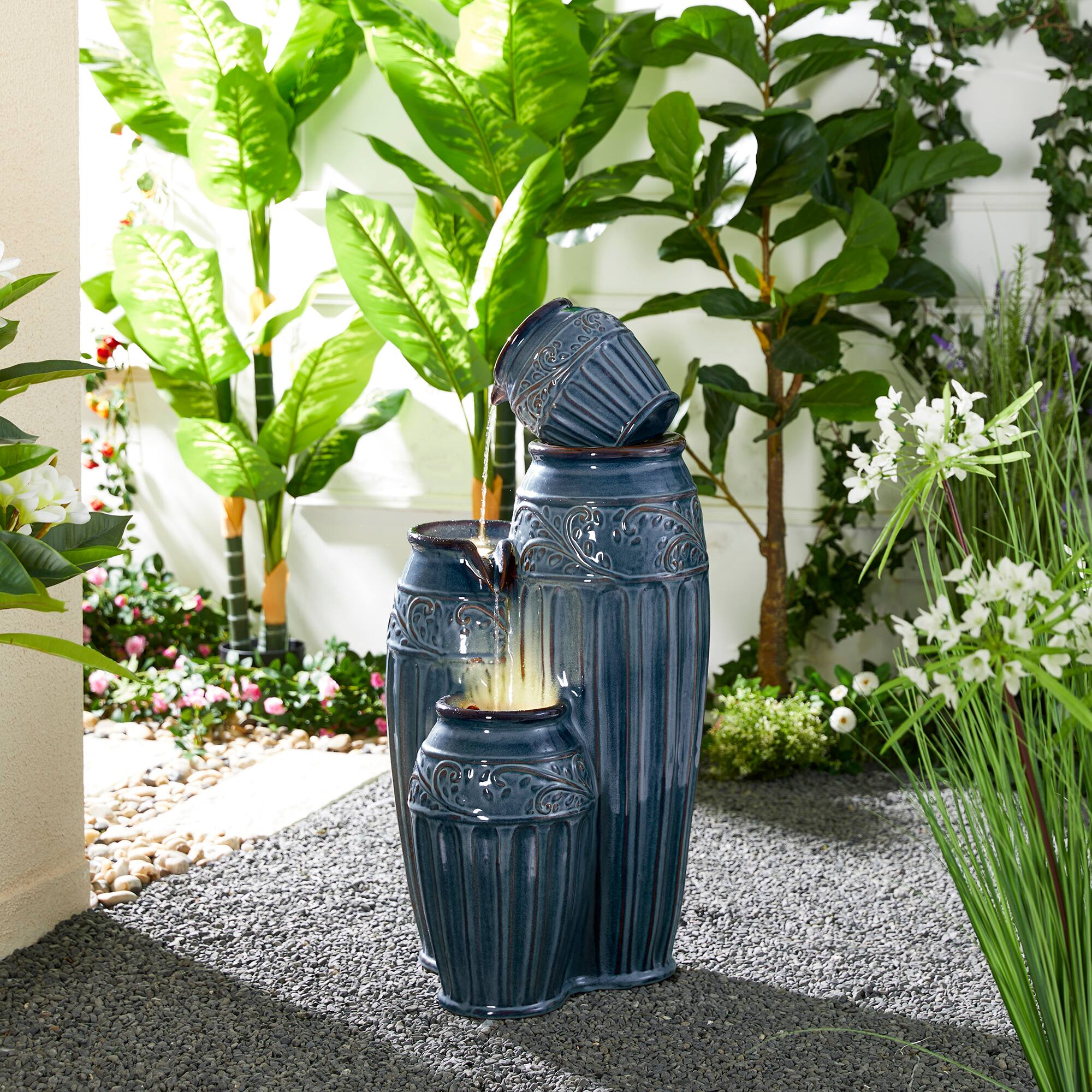 Glitzhome® 35.5" 4-Tier LED Turquoise Embossed Ceramic Pots Outdoor Floor Fountain